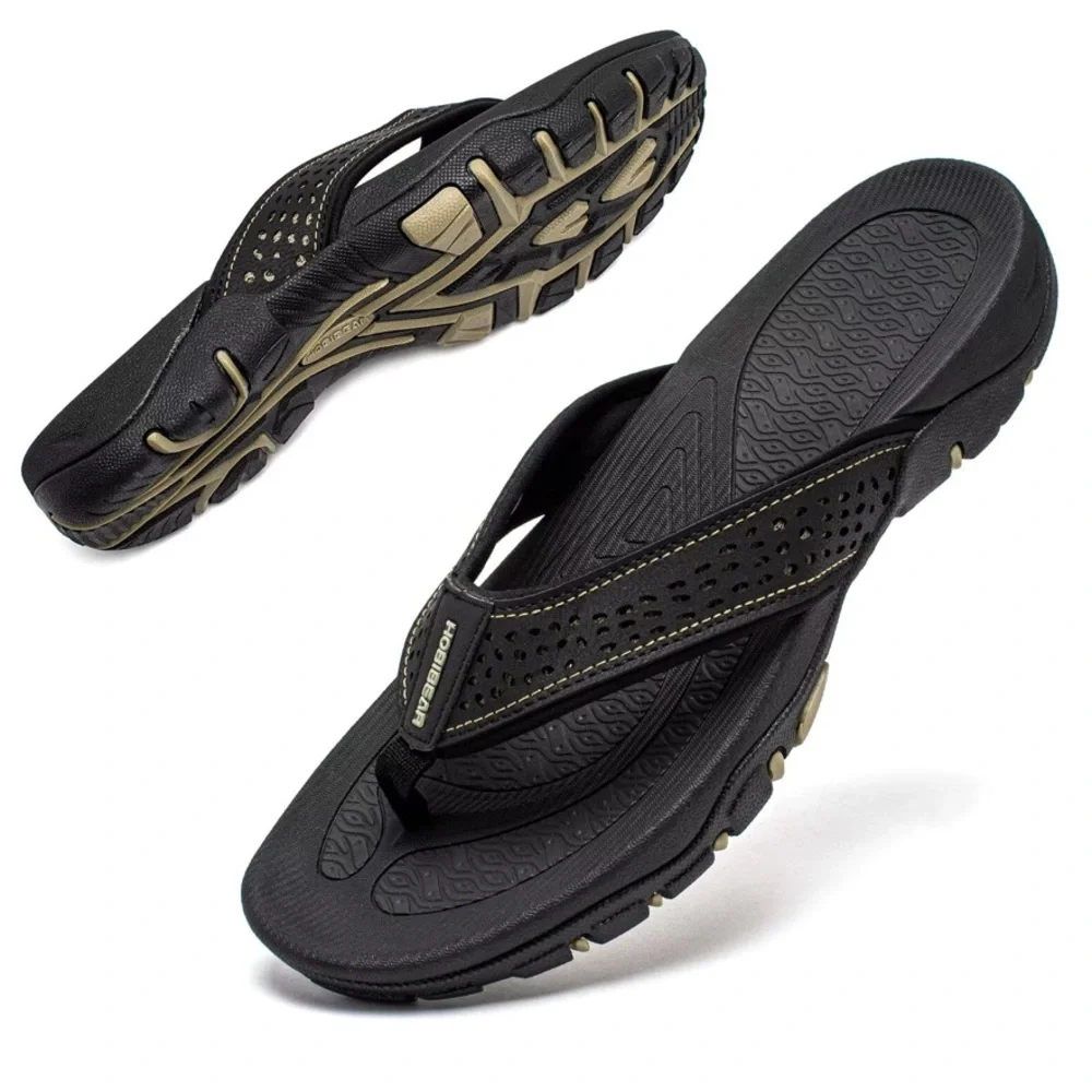 NWOT HOBIBEAR MEN FLIP FLOP THONG SANDAL INDOOR OUTDOOR ARCH SUPPORT BLACK SZ 8